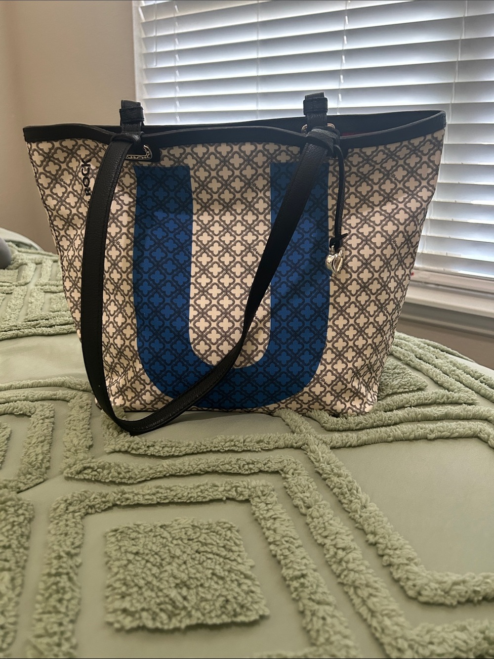 Brighton Y.O.U R.O.C.K Blue Accent Patterned Tote Bag with Black Straps NWOT